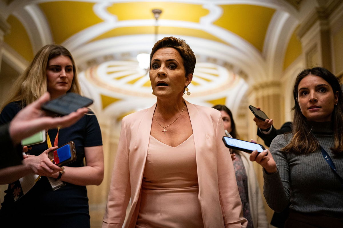 <i>Kent Nishimura/Getty Images via CNN Newsource</i><br/>Arizona Senate Candidate Kari Lake speaks with reporters on Capitol Hill in Washington