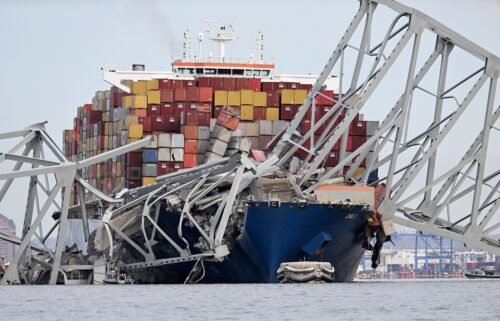Cargo ship Dali is seen after running into and collapsing the Francis Scott Key Bridge on March 26