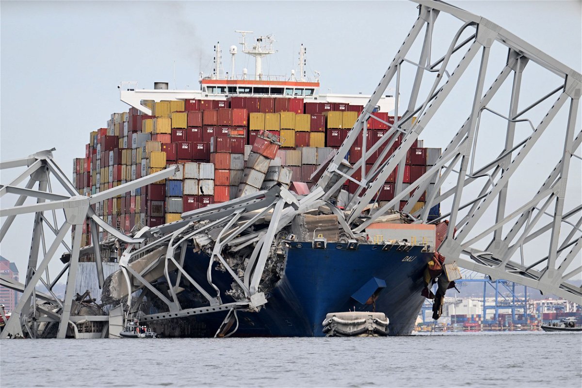 <i>Tasos Katopodis/Getty Images via CNN Newsource</i><br/>Cargo ship Dali is seen after running into and collapsing the Francis Scott Key Bridge on March 26