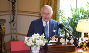 The UK's King Charles III records his audio message for the Royal Maundy Service in the 18th Century Room at Buckingham Palace in this undated handout photo released by the Royal Household on March 27.