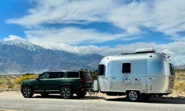 Mike Kowal’s Rivian R1S towing an Airstream trailer on March 24
