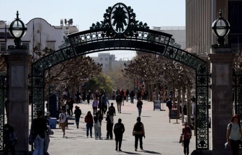 People walk through Sproul Plaza on the UC Berkeley campus on March 14