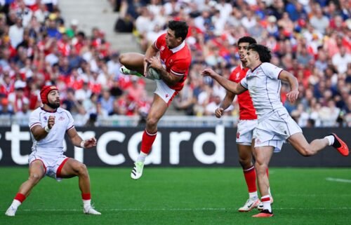 Wales' wing Louis Rees-Zammit (C) leaps to catch a high ball during the France 2023 Rugby World Cup Pool C match between Wales and Georgia at the Stade de la Beaujoire in Nantes