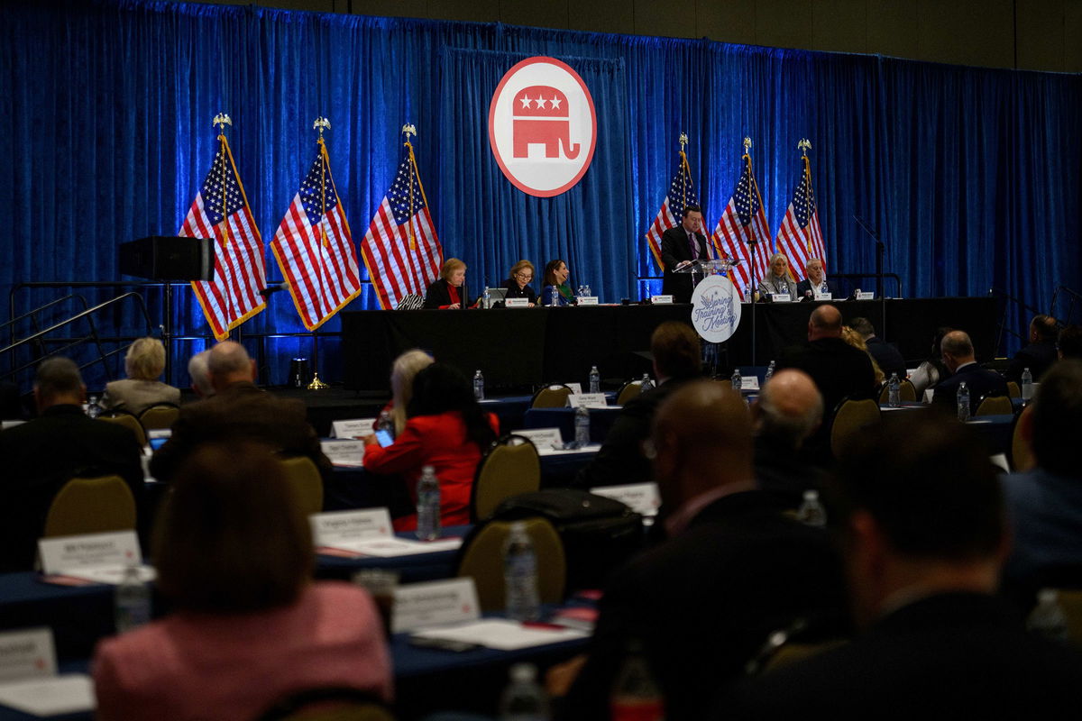 <i>Callaghan O'Hare/Bloomberg/Getty Images via CNN Newsource</i><br/>Drew McKissick speaks during the Republican National Committee spring meeting in Houston on March 8.