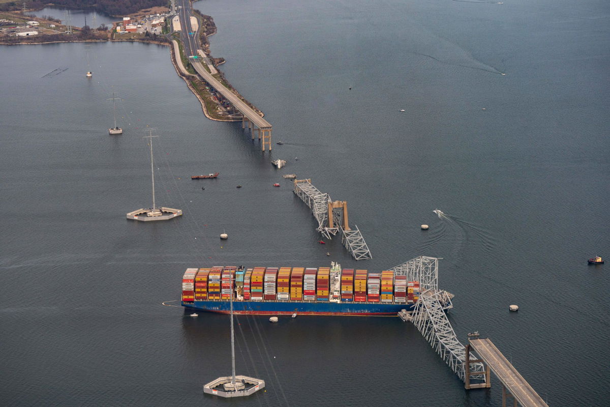 <i>Al Drago/Bloomberg/Getty Images via CNN Newsource</i><br/>The Dali container vessel after striking the Francis Scott Key Bridge on Tuesday