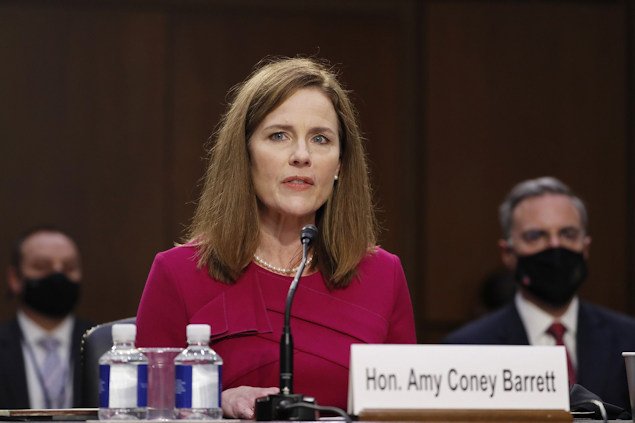 Supreme Court Justice Amy Coney Barrett drove the Supreme Court’s debate on abortion and Trump immunity. In this October 2020 photo, Barrett speaks as she is sworn in during the Senate Judiciary Committee confirmation hearing in Washington, D.C.
