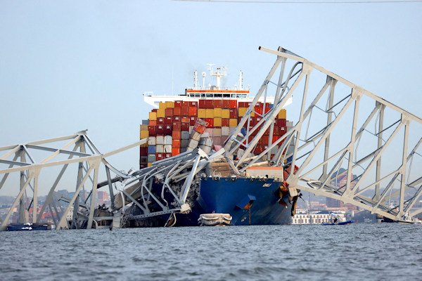 A view of the Dali cargo vessel that crashed into the Francis Scott Key Bridge causing it to collapse in Baltimore, Maryland, on March 26.