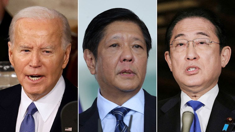 President Joe Biden, Filipino President Ferdinand Marcos Jr. and Japan's Prime Minister Fumio Kishida are seen in this split image.