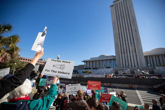 Abortion rights proponents and anti-abortion activists voice their opinions outside the Florida Supreme Court on February 7, in Tallahassee, Florida. The Florida Supreme Court upheld Florida’s existing 15-week ban on abortions, which means the state’s six-week ban will soon become law.