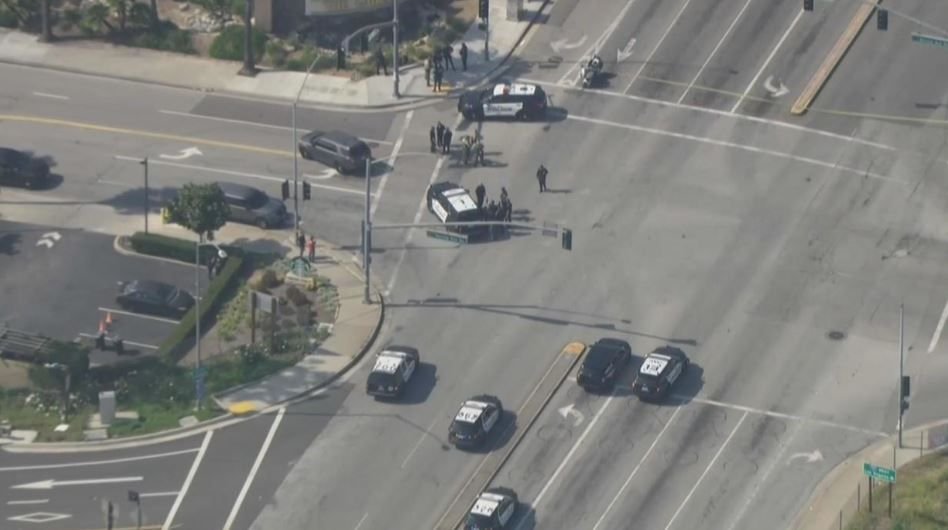 <i>KCAL via CNN Newsource</i><br/>A Los Angeles County deputy was waiting at this intersection when the suspect drove up behind him and opened fire.