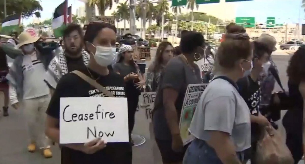 <i>WSVN via CNN Newsource</i><br/>Several pro-Palestine protesters were arrested by Miami Police as they attempted to block the entrance to PortMiami