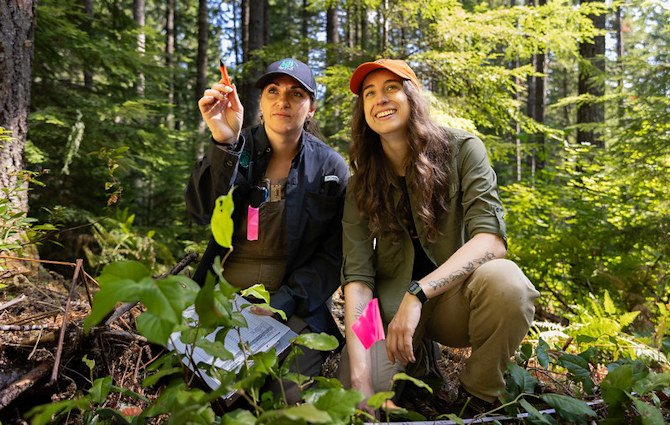 Using a blend of western science and Indigenous Knowledge, Ashley Russell, left, and Tessa Chesonis survey random areas in the forest. Russell is the interim director of culture and natural resources for the Confederated Tribes of the Coos, Lower Umpqua, and Siuslaw Indians, and Chesonis is an OSU graduate student.