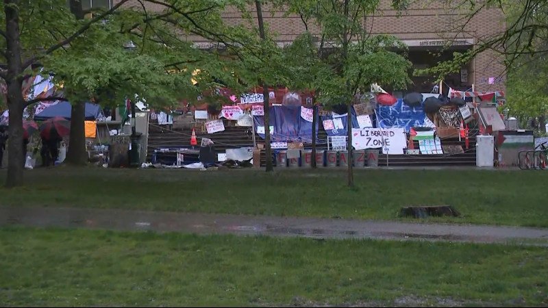 Signs line occupied library at Portland State University early Tuesday.