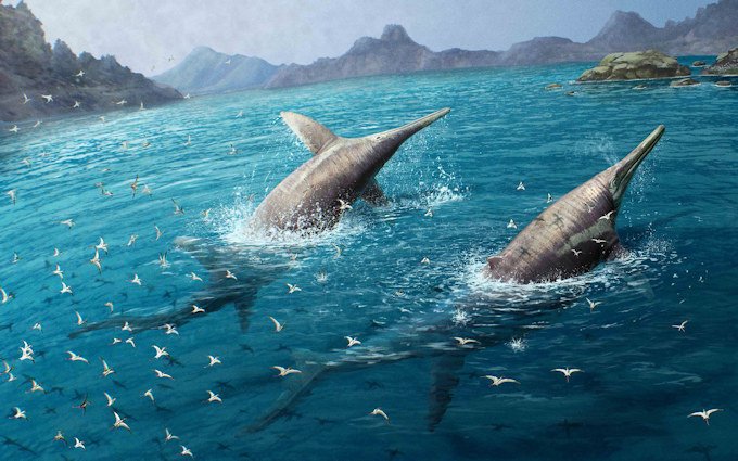An illustration depicts how a giant pair of swimming Ichthyotitan severnensis may have appeared 202 million years ago.