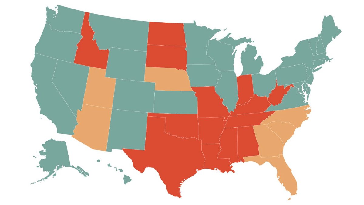 <i>CNN via CNN Newsource</i><br/>Here’s where abortion access currently stands in the United States (Red=banned; Brown=Legal with gestational limit of 6-18 weeks; Green=legal)