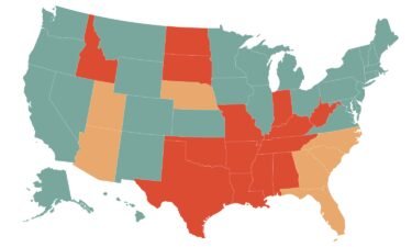 Here’s where abortion access currently stands in the United States (Red=banned; Brown=Legal with gestational limit of 6-18 weeks; Green=legal)