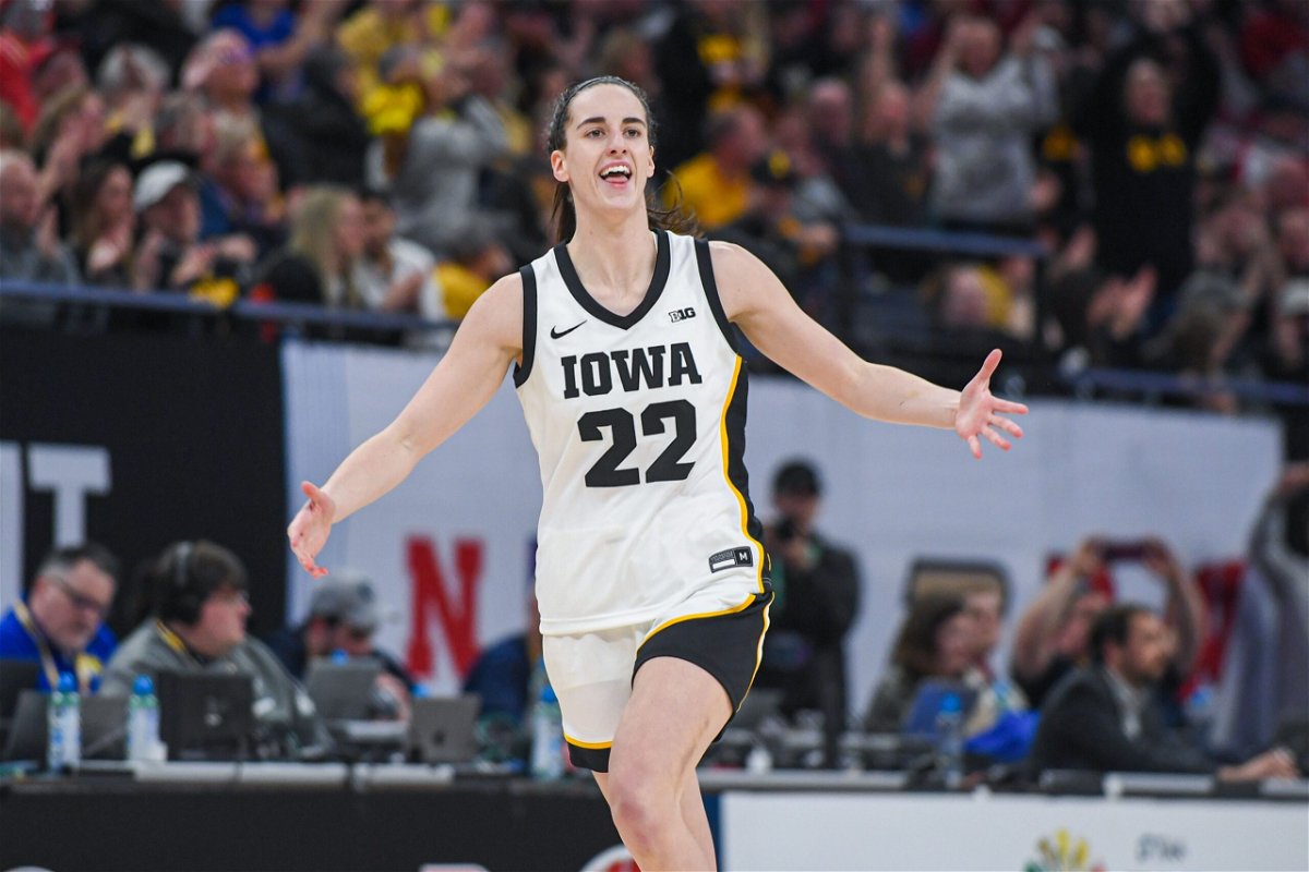<i>Aaron J. Thornton/Getty Images via CNN Newsource</i><br/>Caitlin Clark of the Iowa Hawkeyes reacts after breaking the NCAA single-season three-point shot record on March 8