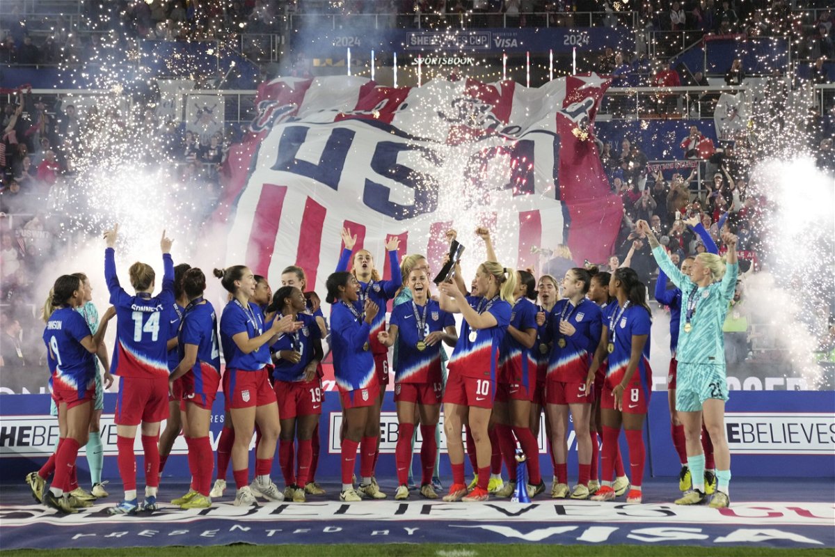 <i>Jason Mowry/Getty Images via CNN Newsource</i><br/>US players celebrate winning the SheBelieves Cup.