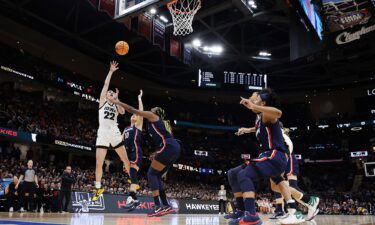 Caitlin Clark of the Iowa Hawkeyes in the first half during the NCAA Women's semifinal game against the UConn Huskies on April 5 in Cleveland
