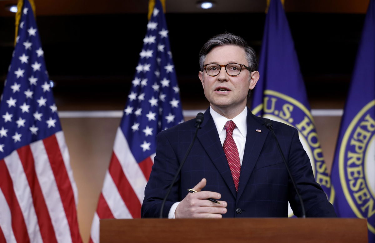 <i>Anna Moneymaker/Getty Images via CNN Newsource</i><br/>U.S. Speaker of the House Mike Johnson (R-LA) speaks during a news conference with House Republican leadership on February 29