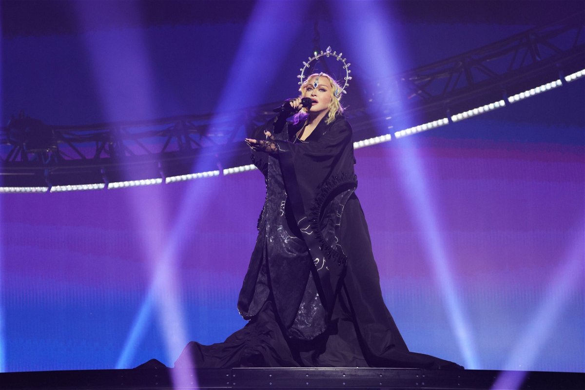 <i>Kevin Mazur/WireImage/Getty Images via CNN Newsource</i><br/>Madonna paused her concert in Miami on April 9 to call attention to the over 100 survivors and victims’ family members that she invited to the show. Madonna is seen performing her 'Celebration' tour in London in October 2023.