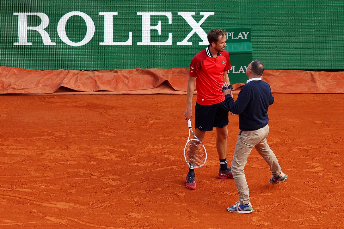 <i>Julian Finney/Getty Images via CNN Newsource</i><br/>Mohamed Lahyani had to ask Medvedev not to shout at the line judge.