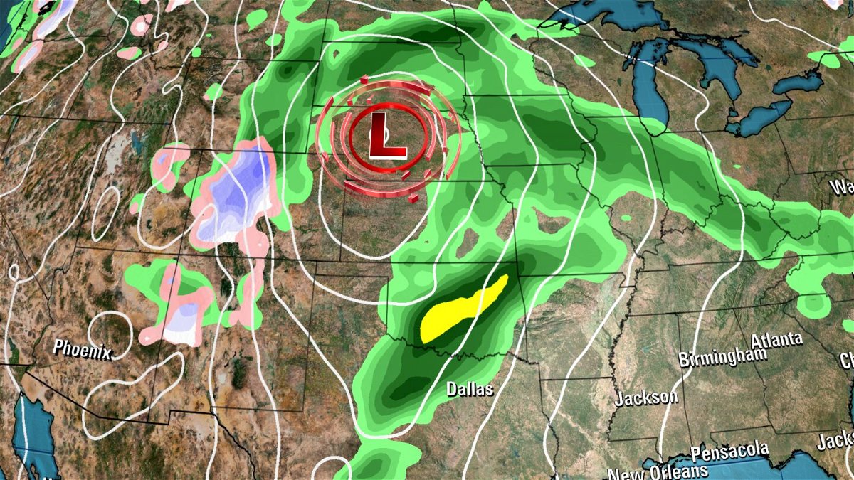 <i>CNN Weather via CNN Newsource</i><br/>A forecast model shows a large storm bringing adverse weather to much of the central US Monday night.