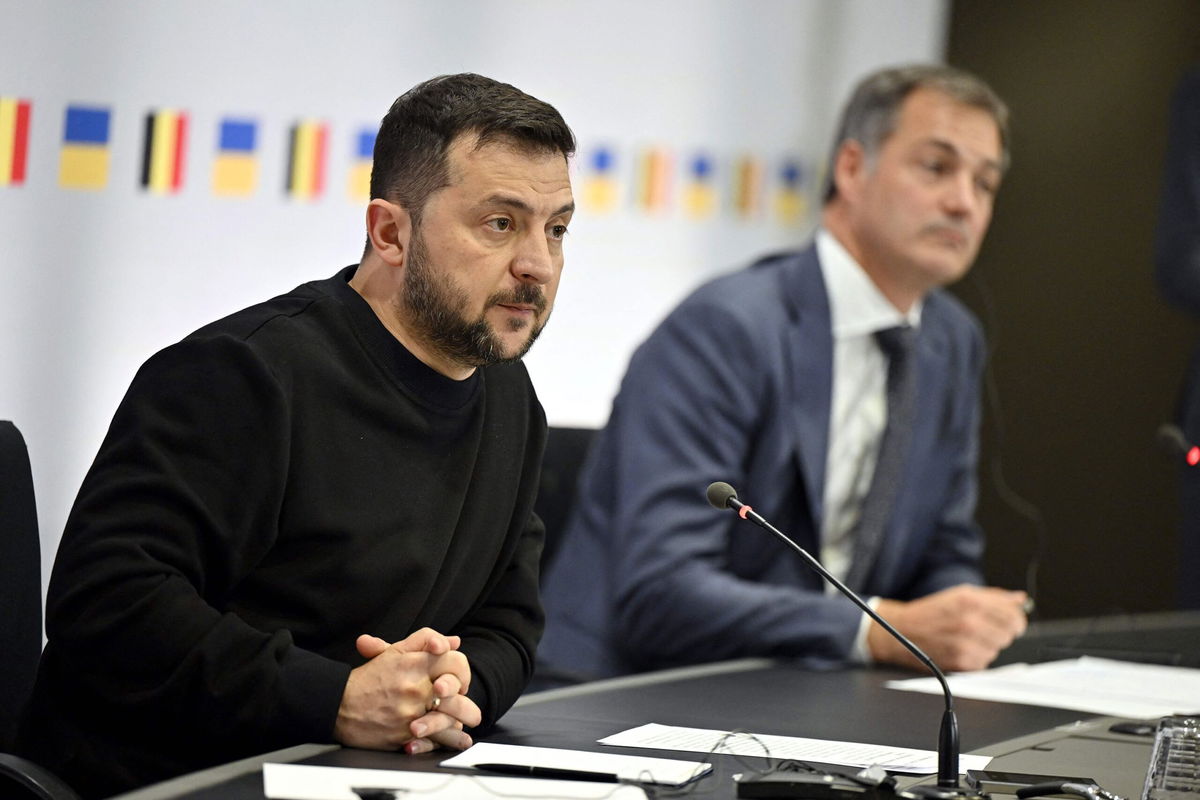 <i>Eric Lalmand/Belga/AFP/Getty Images via CNN Newsource</i><br/>Ukraine President Volodymyr Zelensky and Prime Minister Alexander De Croo pictured after a meeting in Brussels in October 2023.