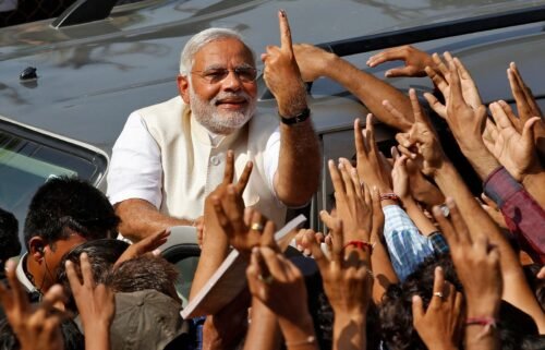 India's Prime Minister Narendra Modi addresses his supporters during an election campaign rally in Pushkar on April 6.