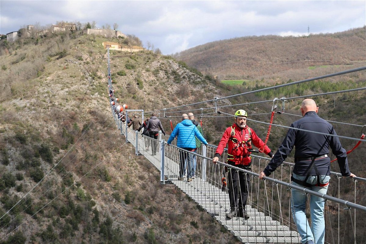 <i>Gianluigi Basilietti/EPA-EFE/Shutterstock via CNN Newsource</i><br/>The Sellano suspension bridge hangs 574 feet above the void.