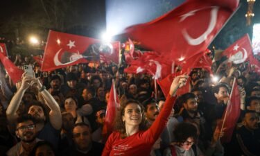 Supporters celebrate as Ekrem Imamoglu speaks after his re-election as the mayor of Istanbul in Turkey.