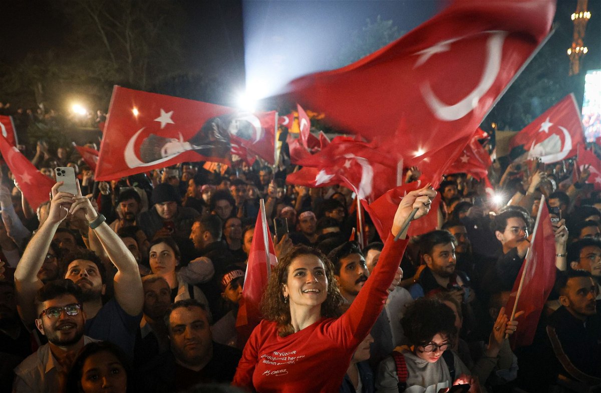 <i>Ozan Guzelce/dia images/Getty Images via CNN Newsource</i><br/>Supporters celebrate as Ekrem Imamoglu speaks after his re-election as the mayor of Istanbul in Turkey.