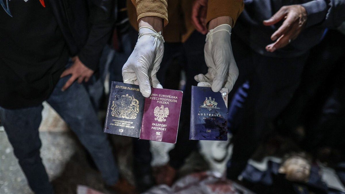 <i>Ali Jadallah/Anadolu/Getty Images via CNN Newsource</i><br/>Passports of officials working at the US-based international volunteer aid organization World Central Kitchen (WCK) seen after an Israeli attack in Gaza.