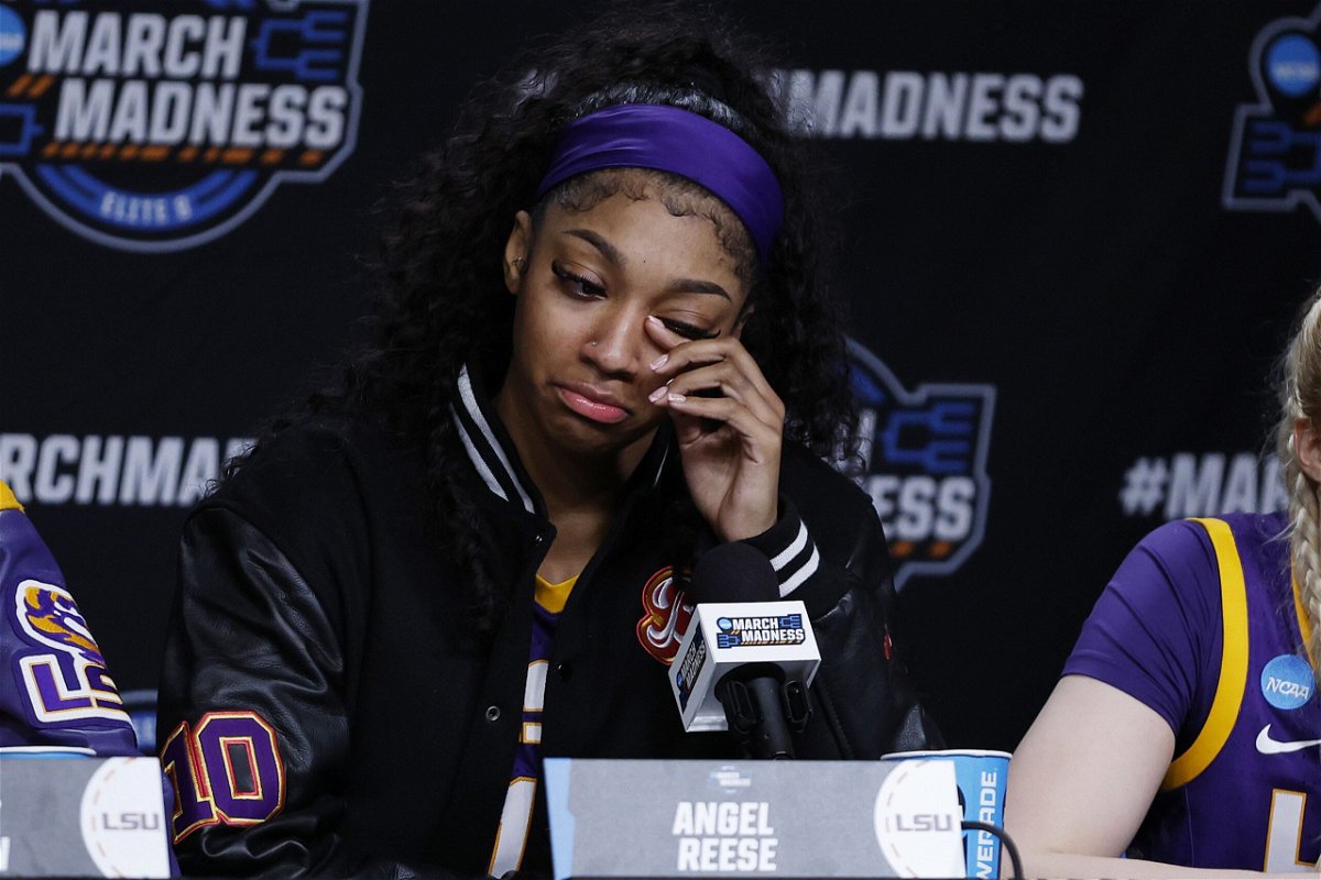 <i>Sarah Stier/Getty Images via CNN Newsource</i><br/>Angel Reese speaks to the media after LSU's defeat against the Iowa Hawkeyes.