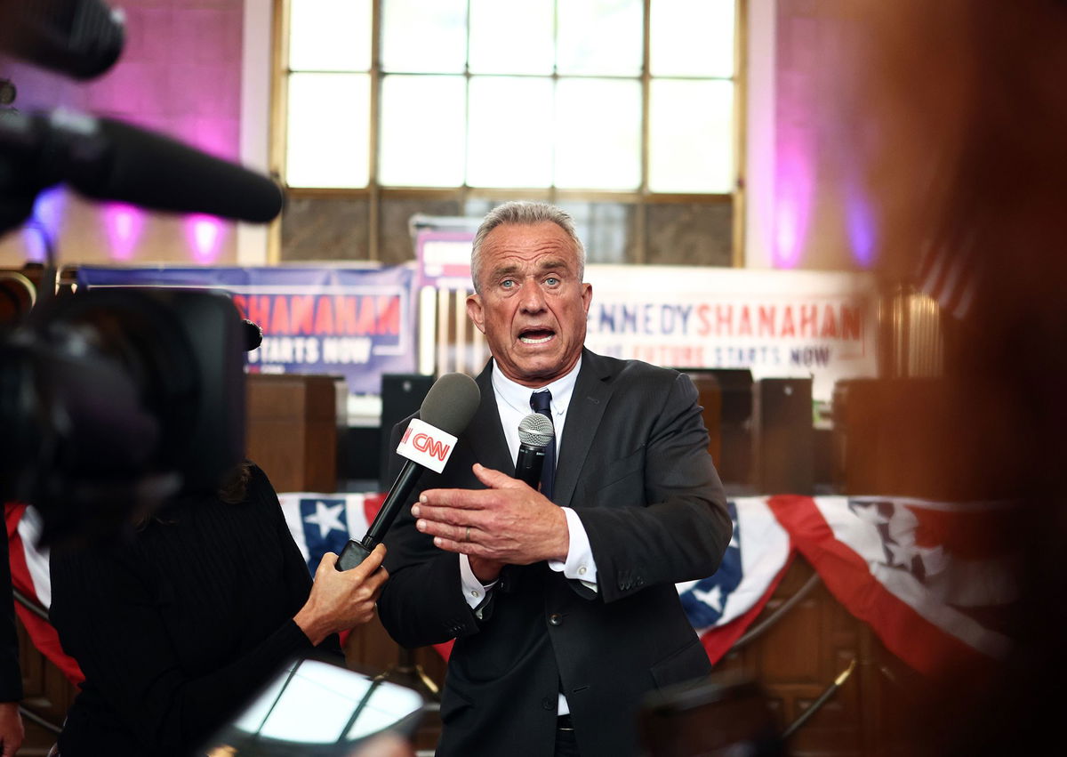 <i>Mario Tama/Getty Images via CNN Newsource</i><br/>Independent presidential candidate Robert F. Kennedy Jr. speaks to the media at a Cesar Chavez Day event at Union Station in Los Angeles on March 30.