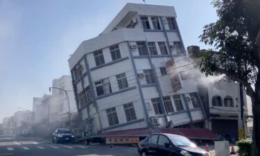 A partially collapsed building is seen in Hualien