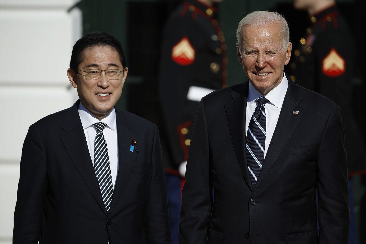 <i>Chip Somodevilla/Getty Images North America/Getty Images via CNN Newsource</i><br/>U.S. President Joe Biden poses for photographs with Japanese Prime Minister Kishida Fumio after his arrival at the White House on January 13