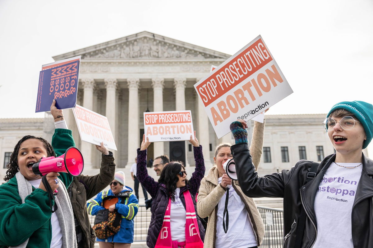 <i>Anna Rose Layden/Getty Images via CNN Newsource</i><br/>Demonstrators gather in front of the Supreme Court as the court hears oral arguments in the case of the U.S. Food and Drug Administration v. Alliance for Hippocratic Medicine on March 26