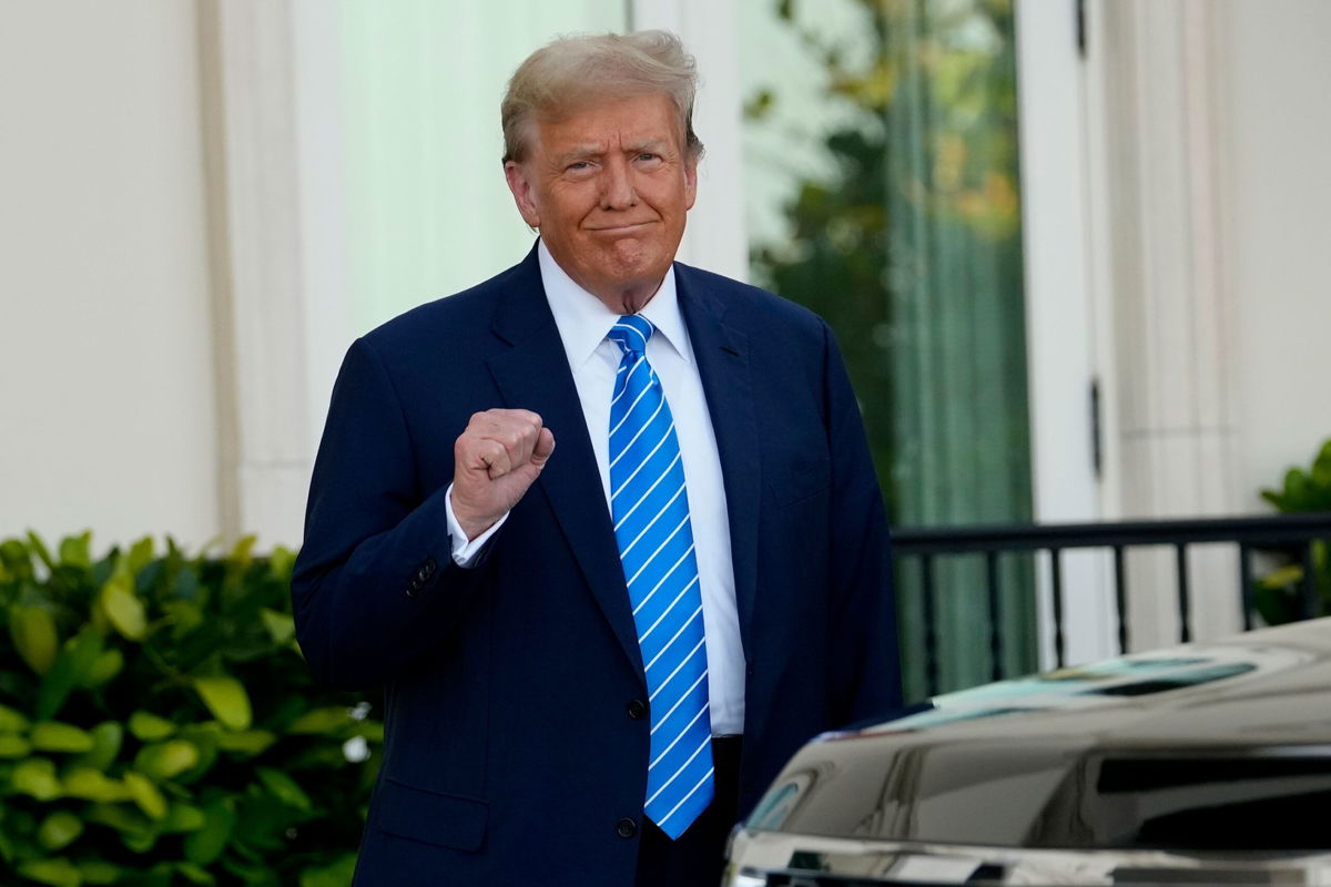 <i>Lynne Sladky/AP via CNN Newsource</i><br/>Former President Donald Trump arrives for a fundraising event on April 6 in Palm Beach