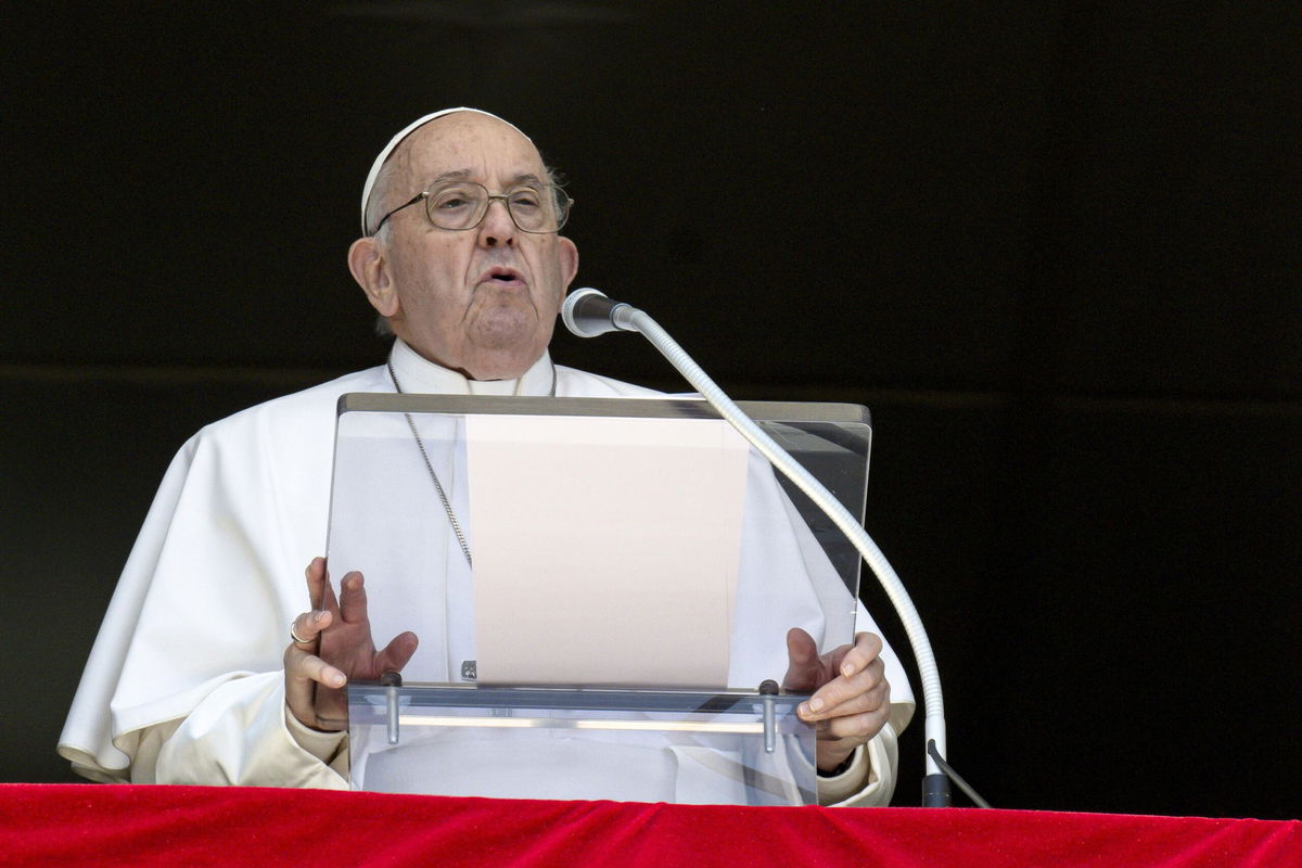 <i>Vatican Pool/Getty Images via CNN Newsource</i><br/>Pope Francis delivers his Angelus blessing from his studio overlooking St. Peter's Square in the Vatican City on on April 7.