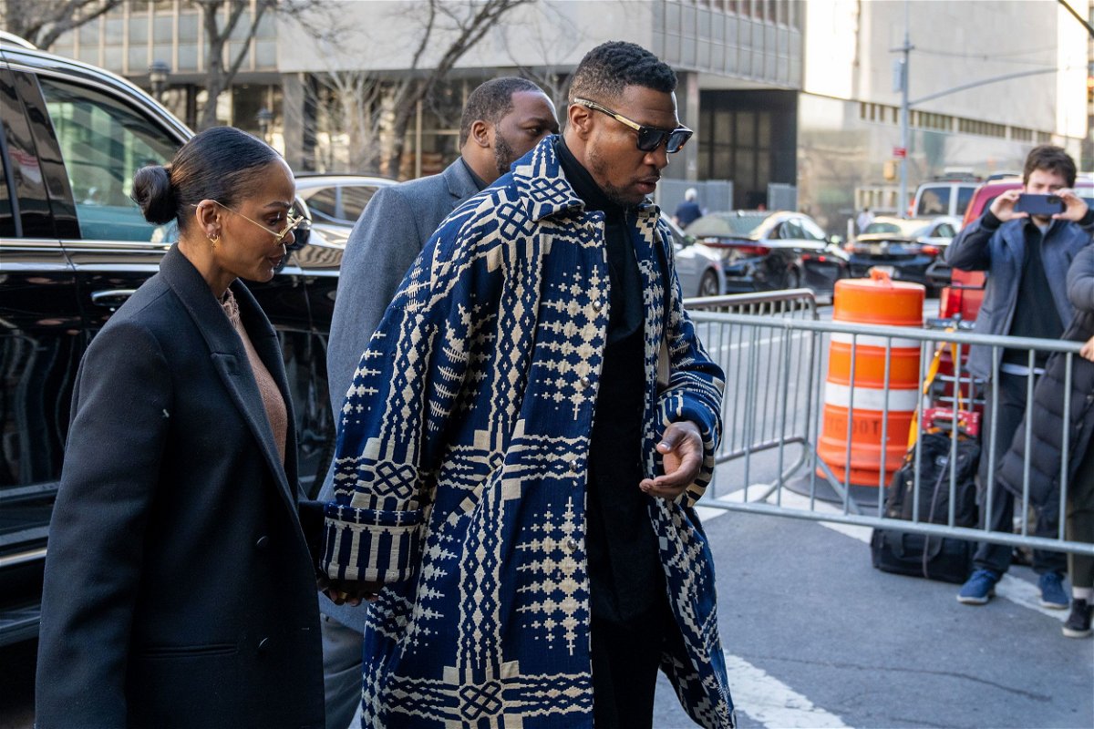 <i>David Dee Delgado/Getty Images via CNN Newsource</i><br/>Jonathan Majors arrives with girlfriend Meagan Good for sentencing in his domestic abuse case at Manhattan Criminal Court on April 8 in New York City.