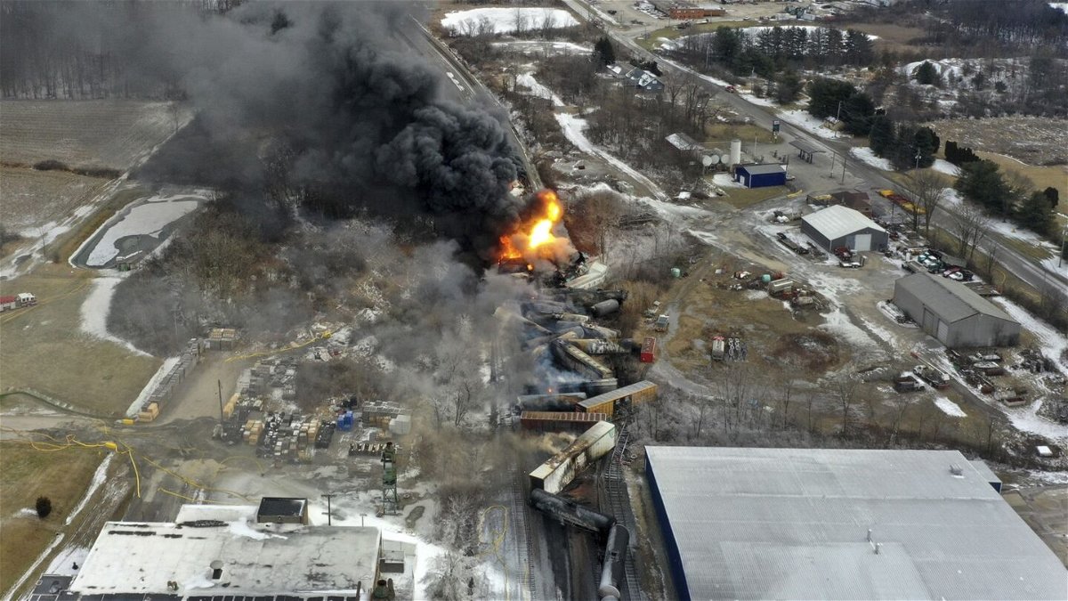 <i>Gene J. Puskar/AP via CNN Newsource</i><br/>This photo taken with a drone shows portions of a Norfolk Southern freight train that derailed Friday night in East Palestine