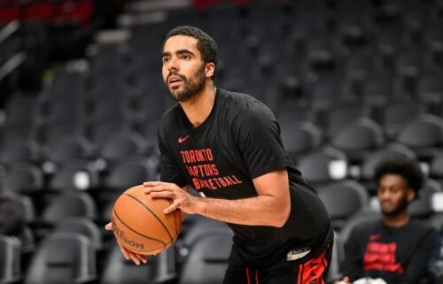 Jontay Porter warms up before a Toronto Raptors game against the Portland Trail Blazers on March 9. The Toronto Raptors player is banned from the league for violating gaming rules.