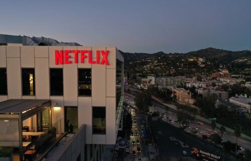 The Netflix logo is seen on top of their office building in Hollywood