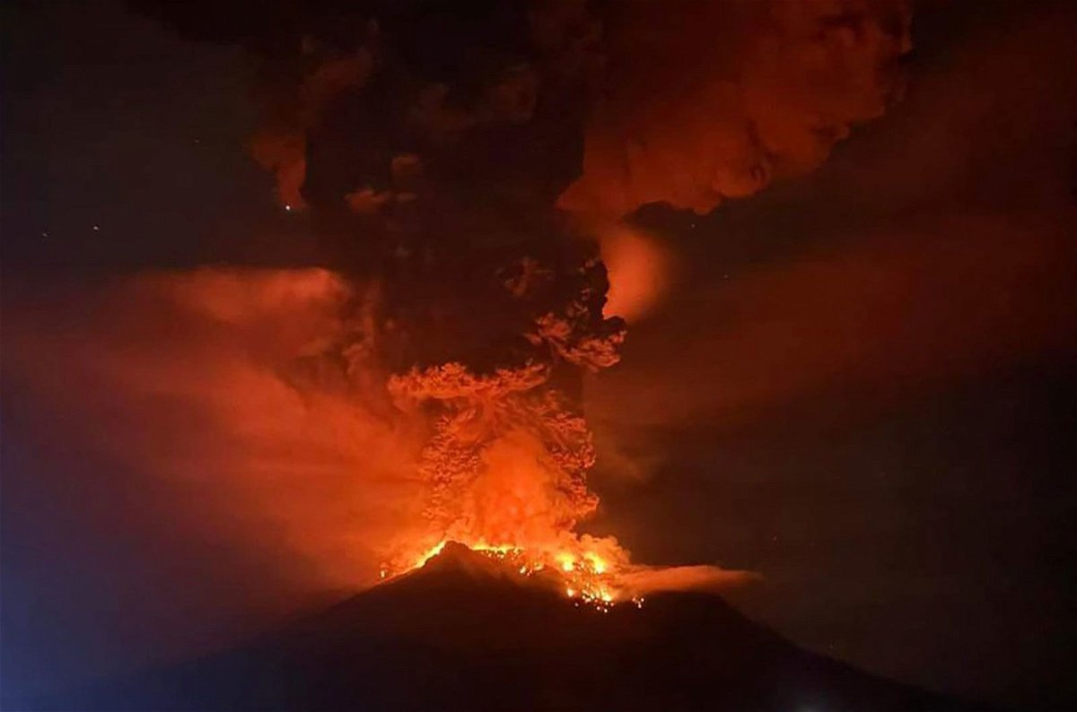 <i>Center for Volcanology and Geological Hazard Mitigation/AFP/Getty Images via CNN Newsource</i><br/>Indonesia's Mount Ruang volcano erupted several times overnight on April 17