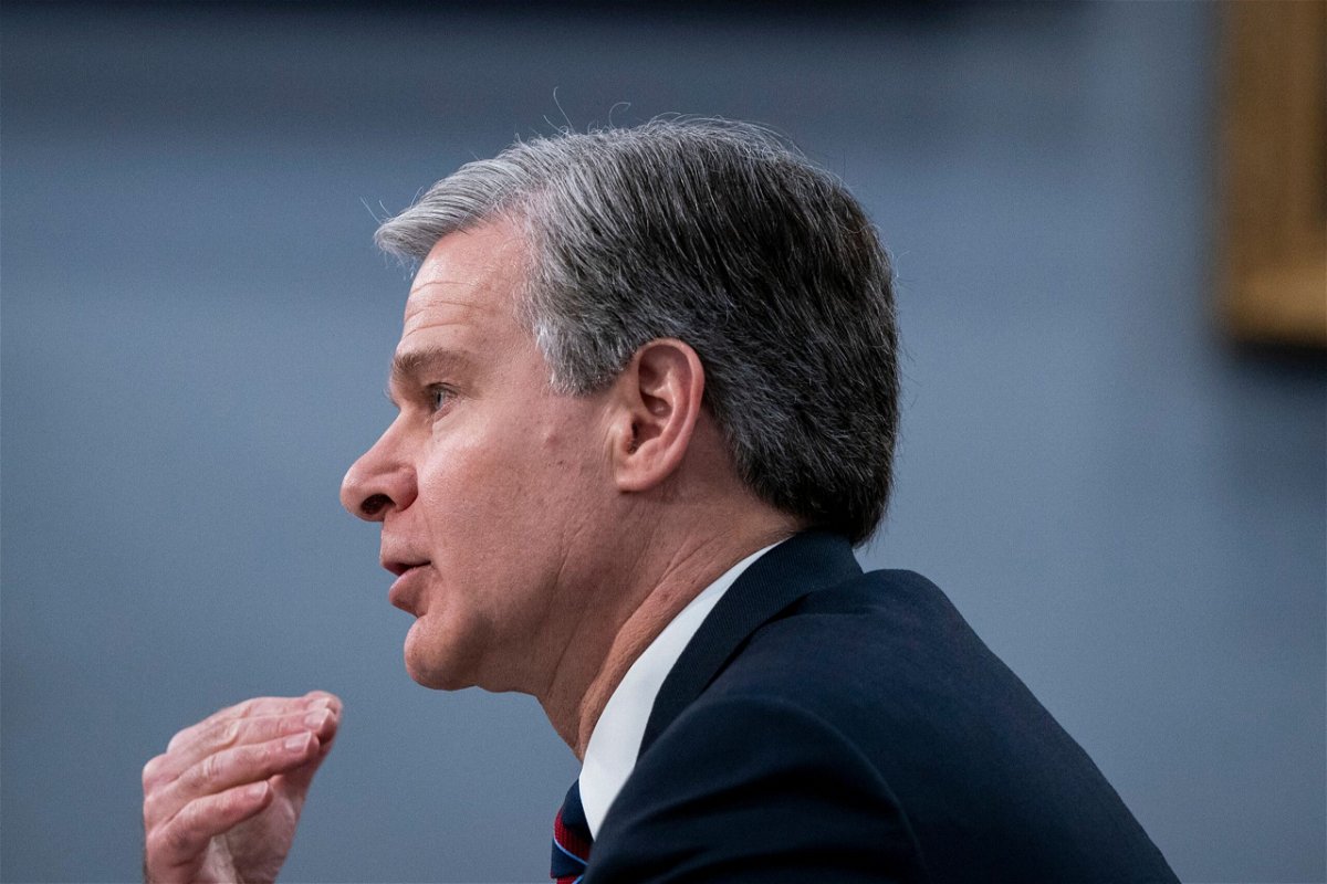 <i>Haiyun Jiang/Bloomberg/Getty Images via CNN Newsource</i><br/>FBI Director Christopher Wray testifies during a House Appropriations Subcommittee on Commerce