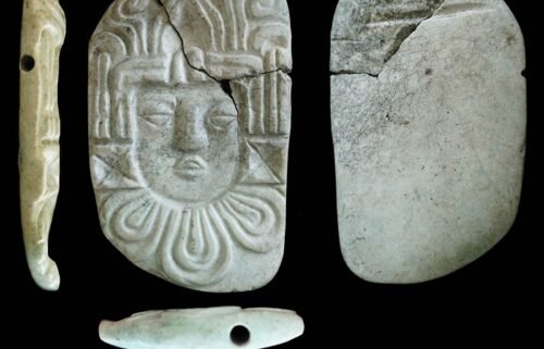 Burned grave goods found in a Maya pyramid with the royal bones included a carved pendant plaque of a human head.