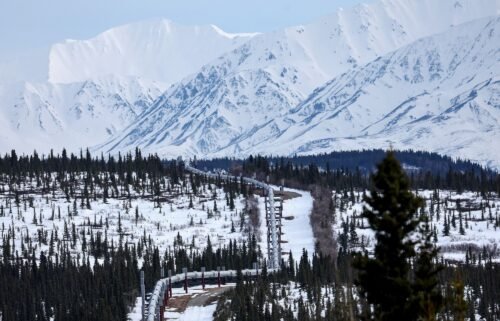 A part of the Trans Alaska Pipeline System runs through boreal forest past Alaska Range mountains in May 2023 near Delta Junction