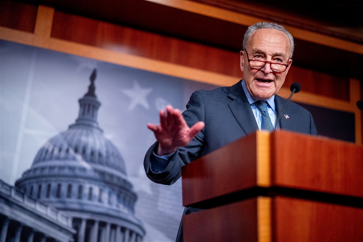<i>Andrew Harnik/Getty Images via CNN Newsource</i><br/>Senate Majority Leader Chuck Schumer speaks to members of the media after impeachment proceedings against Secretary of Homeland Security Alejandro Mayorkas conclude on Capitol Hill on April 17