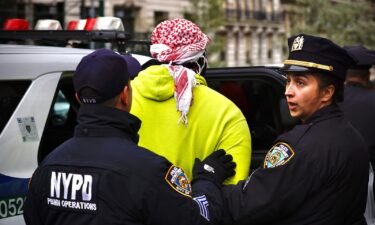 NYPD officers detain a person as pro-Palestinian protesters gather outside of Columbia University in New York City on April 18.